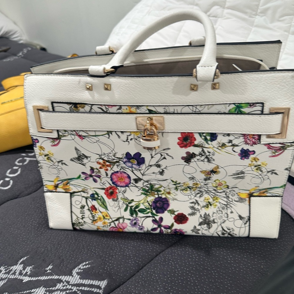 White Floral Satchel with Structured Design